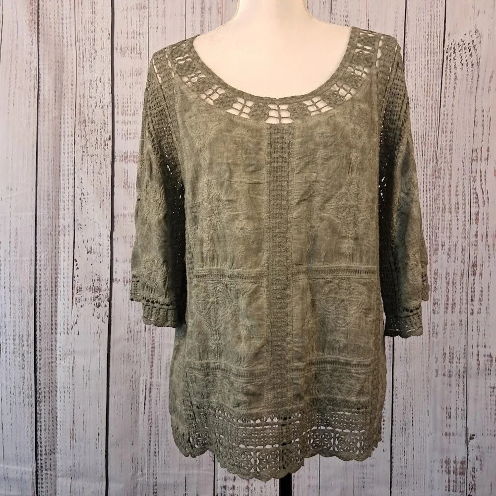 DEMOCRACY S Sage Green Mineral Wash Embroidered Smock‎ Top Boho Hippie Funky